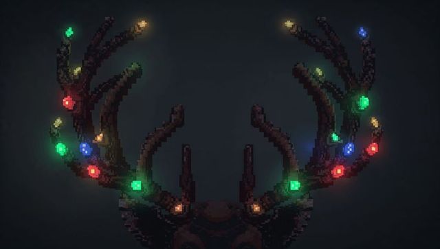 Pixel stag head showing glowing multicolor lights wrapped on branching antlers, dark neon