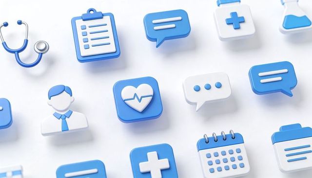 Featuring 3d blue healthcare icons with heart ecg tile for telemedicine and medical apps