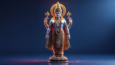 Four-Armed Deity Statue with Conch Shell and Discus on Pedestal