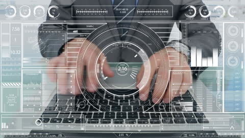 Businessman Analyzing Financial Data on Laptop with Digital Interface