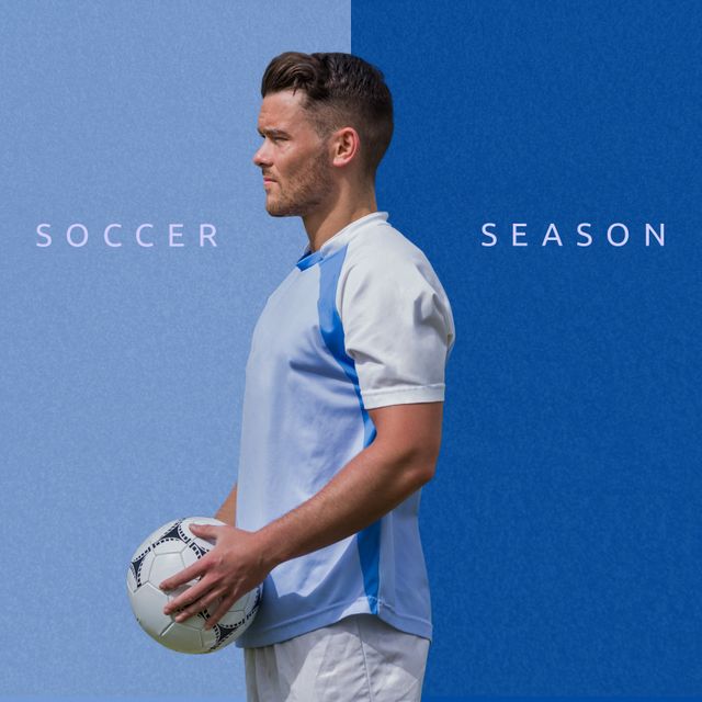 Composition of soccer searon text over caucasian male football player with ball on blue background. Football, soccer, sports and competition concept.