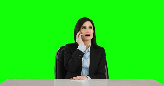 Businesswoman sitting at desk, talking on phone with green screen background. This can be used for presentations, video production requiring a business professional, or corporate training materials.