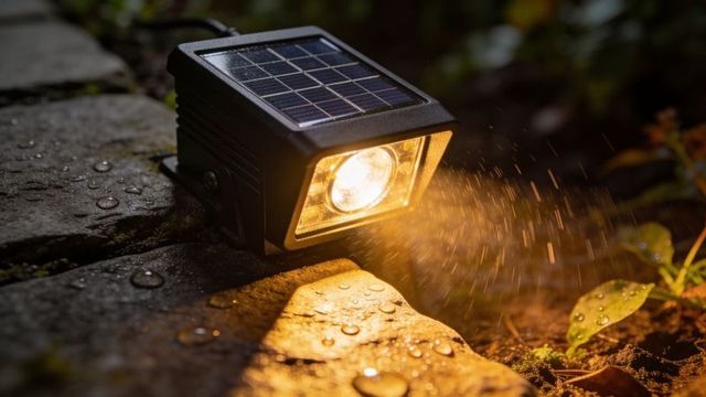 Solar led spotlight illuminating wet stone pathway with warm beam and raindrop spray