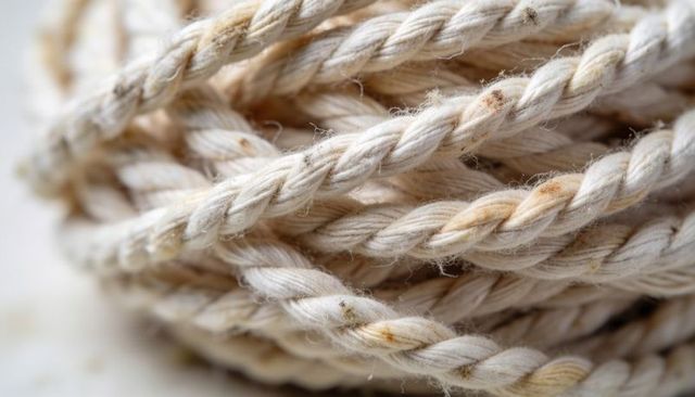 Macro close-up twisted natural cotton rope revealing loose fibers and brown stains