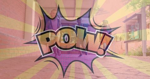 Retro Comic Style 'Pow!' Overlay with Kids Running Background