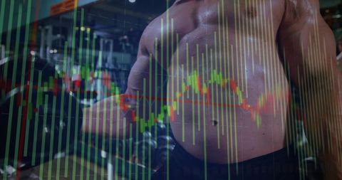 Shirtless man curling dumbbell in gym with candlestick chart overlay for fitness finance