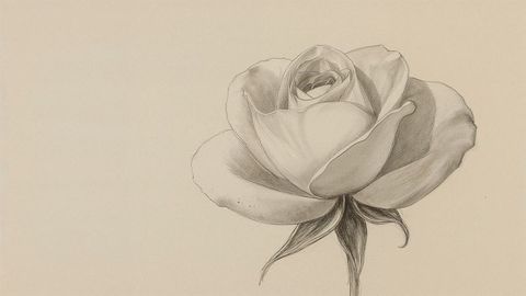 Pencil sketch of rose bloom on cream paper with copy space