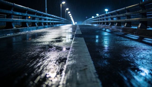 Rain-slick bridge centerline reflecting neon lights, wet roadway glowing under streetlamps