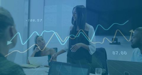 Confident Businesswoman Leading Team Meeting with Data Insights Overlay