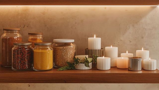 Rustic kitchen shelf with glass spice jars and lit pillar candles emitting cozy warm glow