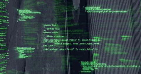 Glowing Neon-Green Code Overlay Reflecting on Dark Panel with Cyberpunk Holographic Datastream