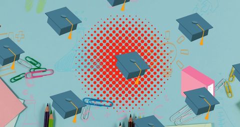 Floating graduation caps and school supplies on blue background