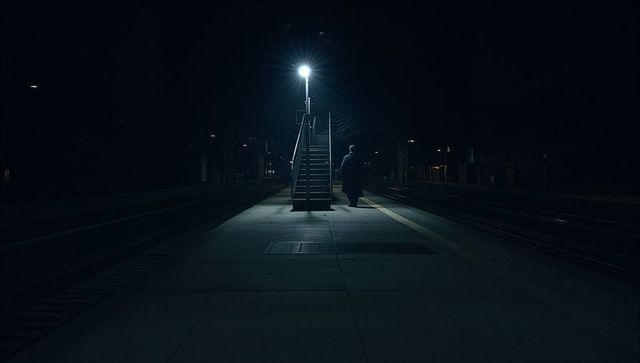 Solitary figure walking toward illuminated staircase on empty night train platform beneath lone lamp