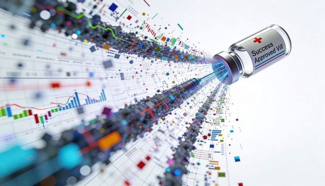 Vial releasing digital data stream forming charts and particles for medical analytics