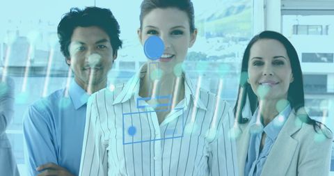 Diverse business team with dna strand overlay in modern office