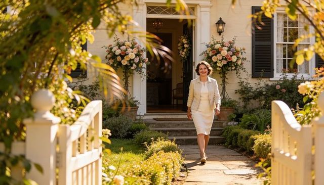 Woman in cream skirt suit walking down sunlit garden path through white picket gate