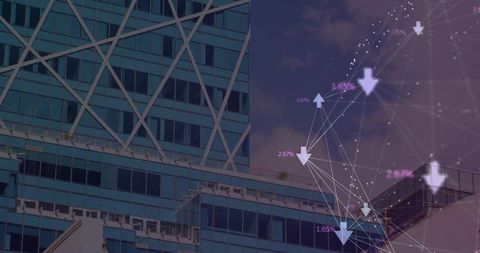 Modern Skyscraper with Data Overlay and Reflective Glass Facade