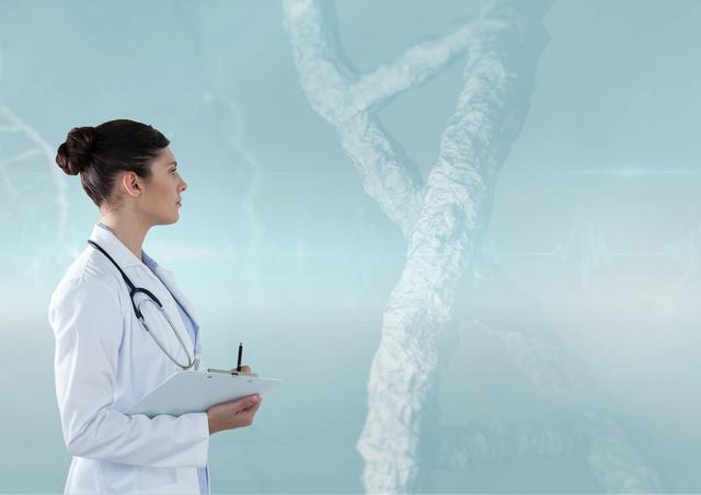 Female doctor holding notebook, looking at a large molecular structure. Useful for medical research topics, healthcare advancements, scientific studies, or a metaphor for analysis and diagnostics in a medical context. Ideal for content on medical education, professional healthcare environments, and advancements in genetic research.