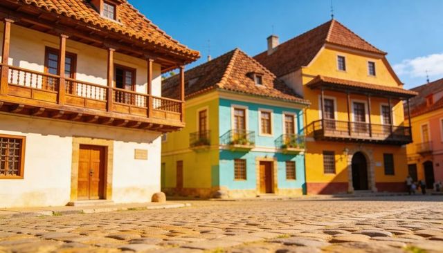 Sunlit colonial houses featuring wooden balconies, colorful facades and cobblestone plaza