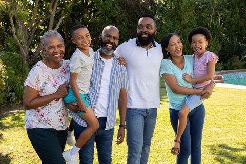 Joyful Family Gathered Outdoors by Pool