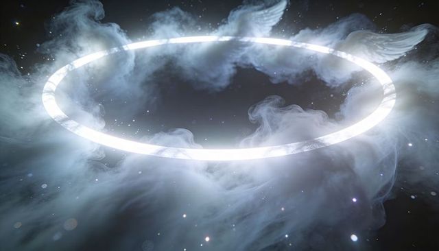 Glowing Neon Halo Ring Floating in Cosmic Nebula with Ethereal Winglike Vapor