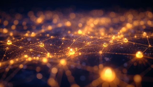 Glowing Golden Network Nodes Forming Mesh Over Deep Blue-Purple Digital Landscape