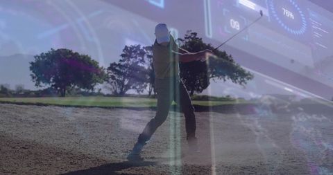 Golfer executing bunker shot with digital hud overlay on sunlit golf course