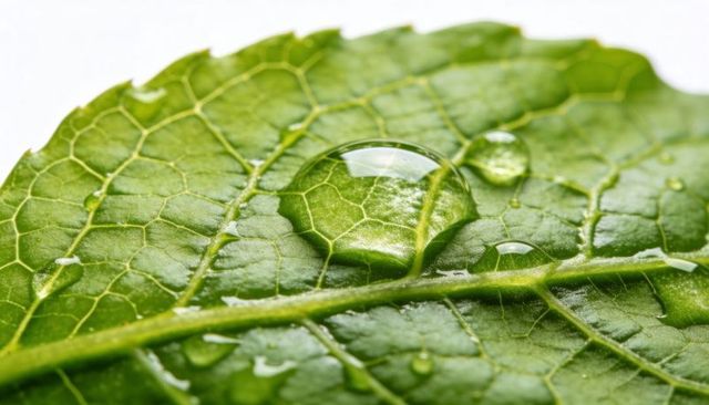 Glistening green leaf macro showing water droplet, midrib and intricate veins