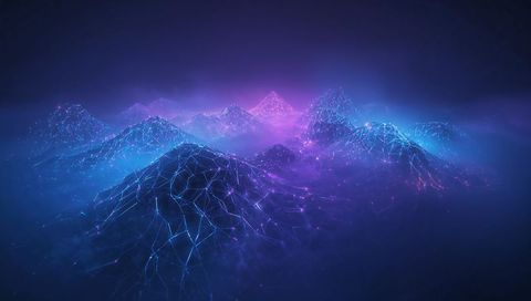 Glowing neon wireframe mountains rising from misty digital mesh with pulsing network nodes
