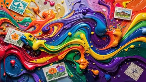 Vibrant Abstract Paint Swirls with Colorful Stamps and Glitter