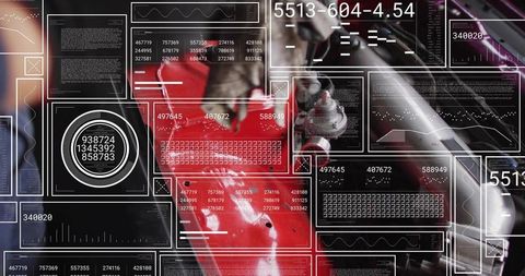 Red engine block undergoing diagnostic scan with hud overlay and polished pipe closeup