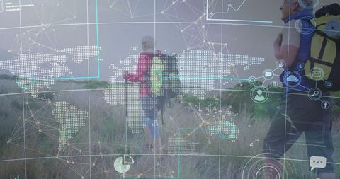 Senior Couple Hiking with Digital Mapping Interface Overlay