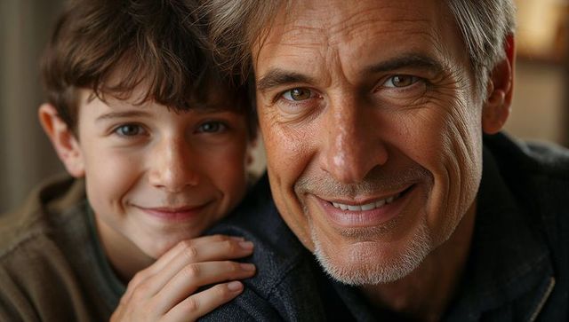 Smiling father and son sharing warm closeup moment, son resting hand on shoulder