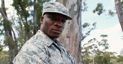 African American Soldier Outdoors in Military Uniform with Serious Expression - Download Free Stock Images Pikwizard.com