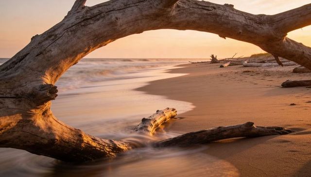Driftwood arch framing ocean waves at sunset on sandy shoreline with golden light