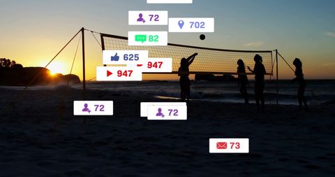 Beach volleyball at sunset with social media interactions overlay