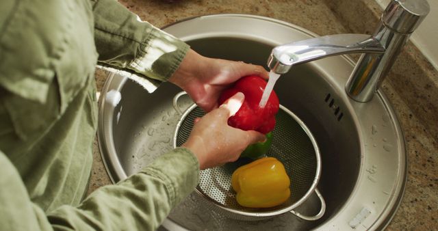 Person Washing Fresh Bell Peppers at Kitchen Sink - Download Free Stock Images Pikwizard.com