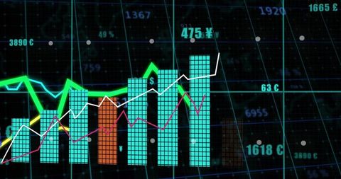 Neon Financial Dashboard Turquoise Bar Chart Orange Highlight and Rising Currency Lines
