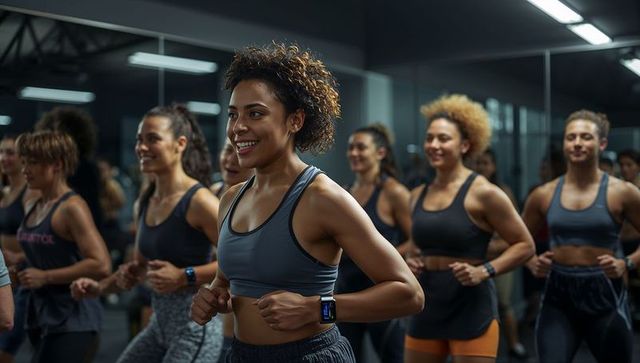 Smiling woman leading high-energy group cardio class in mirrored fitness studio
