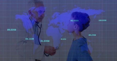 Doctor health check with global telemedicine interface background