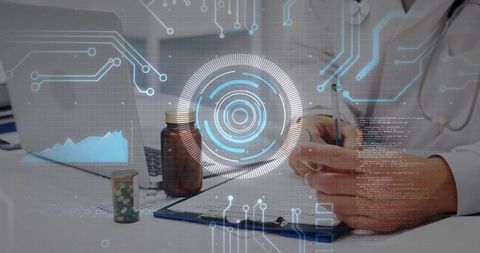 Doctor handling medication and reviewing clinical data with futuristic digital hud