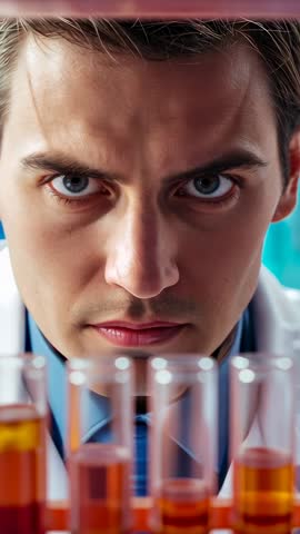 Vertical video of lab technician peering at orange test tubes close-up for scientific analysis