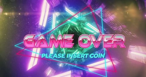 Neon Futuristic Arcade Game Over Screen with Vibrant Geometric Designs