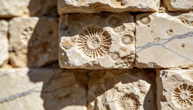 Sunlight highlighting carved limestone blocks with fossil rosettes and weathered texture