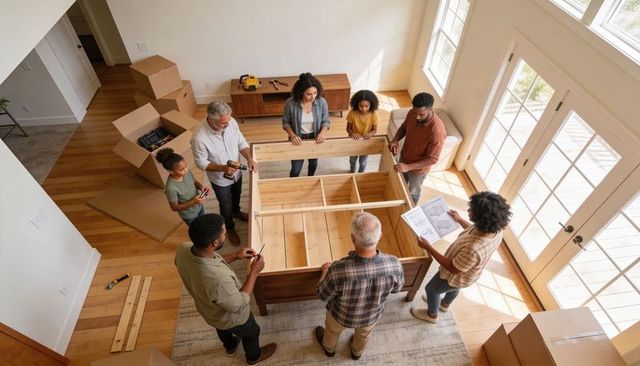 Multigenerational family assembling wooden bed frame during move, teamwork and diy at home