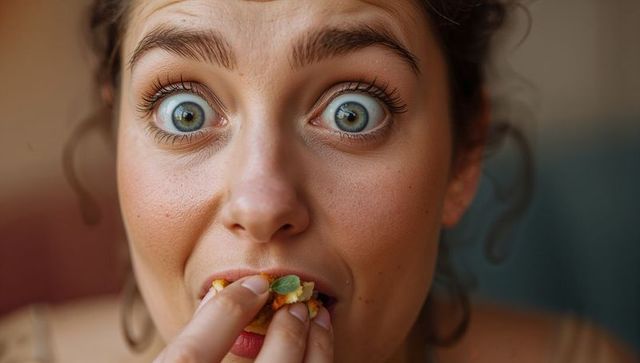 Surprised wide-eyed woman eating crumbly snack with herb leaf closeup candid portrait