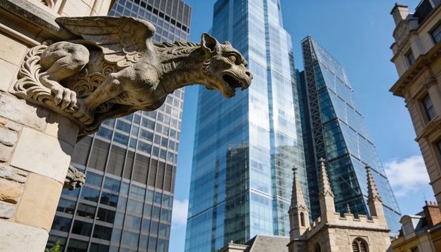 Stone gargoyle overlooking glass skyscrapers and gothic church spires, historic contrast