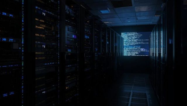 Server Room with Modern Equipment and Code Displayed on Monitor