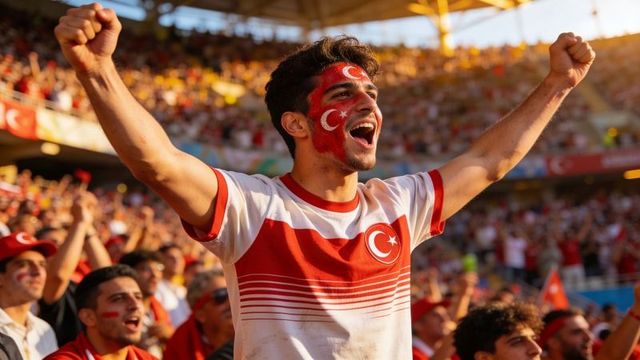 Young turkish fan cheering with crescent-star face paint and raised arms in stadium