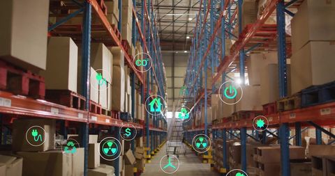 Smart warehouse with eco-friendly digital interface overlays